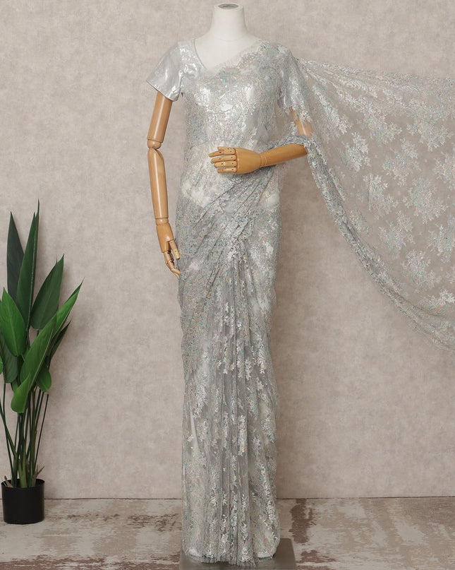 Iridescent Silver Premium French Metallic Chantilly Lace Saree Fabric with Stone Work – 5.5 Meters Length, 110 Cms Width, Imported from France-D25723