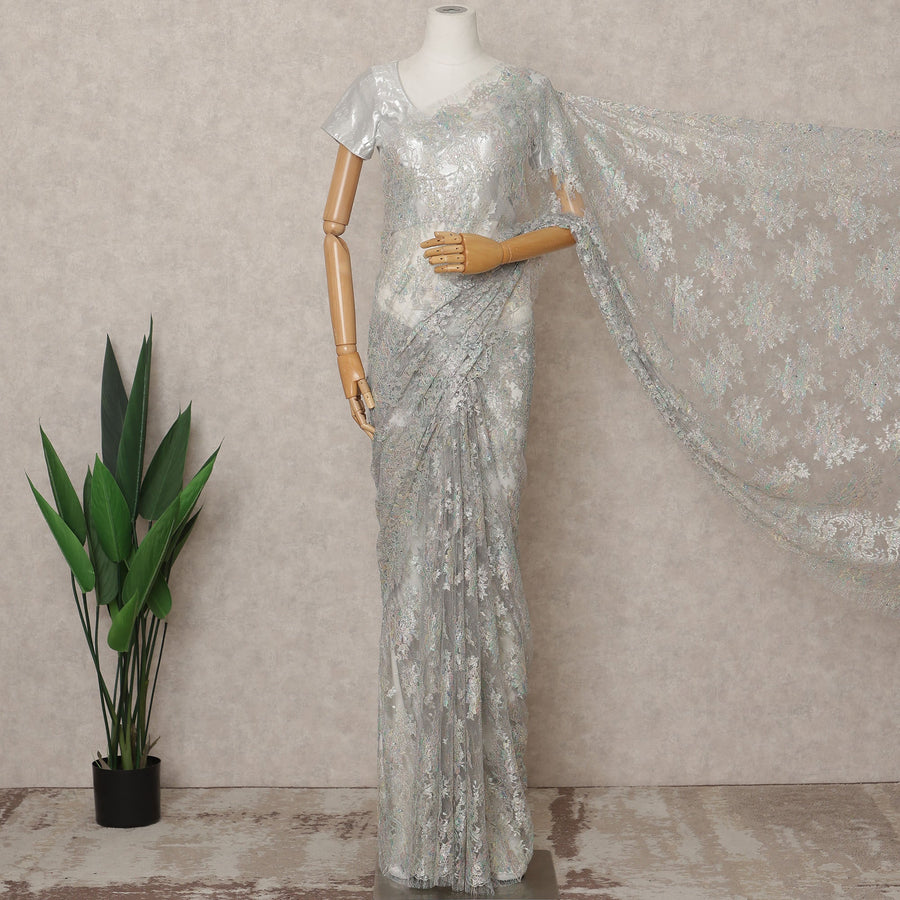 Iridescent Silver Premium French Metallic Chantilly Lace Saree Fabric with Stone Work – 5.5 Meters Length, 110 Cms Width, Imported from France-D25723