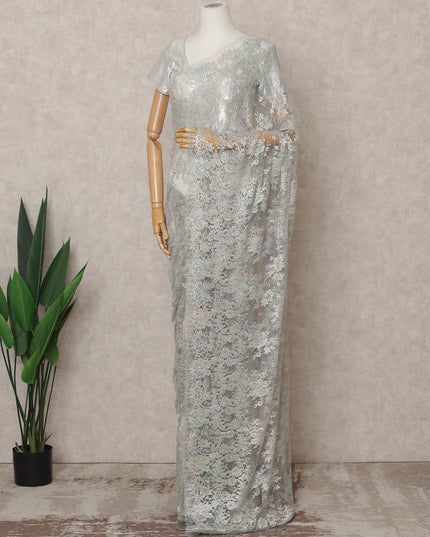 Iridescent Silver Premium French Metallic Chantilly Lace Saree Fabric with Stone Work – 5.5 Meters Length, 110 Cms Width, Imported from France-D25723