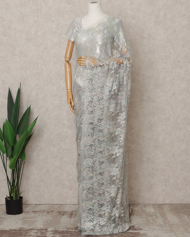 Iridescent Silver Premium French Metallic Chantilly Lace Saree Fabric with Stone Work – 5.5 Meters Length, 110 Cms Width, Imported from France-D25723