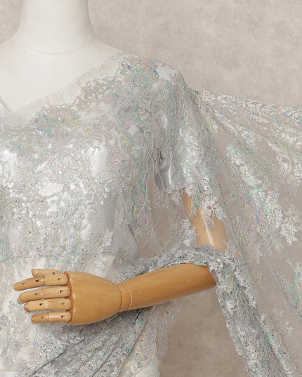 Iridescent Silver Premium French Metallic Chantilly Lace Saree Fabric with Stone Work – 5.5 Meters Length, 110 Cms Width, Imported from France-D25723