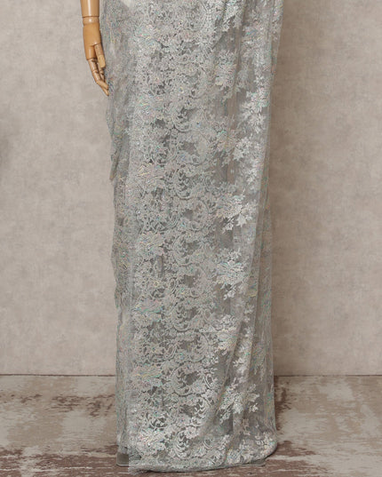 Iridescent Silver Premium French Metallic Chantilly Lace Saree Fabric with Stone Work – 5.5 Meters Length, 110 Cms Width, Imported from France-D25723