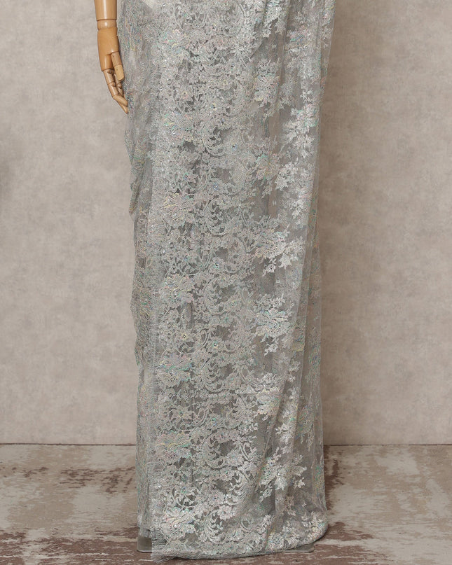 Iridescent Silver Premium French Metallic Chantilly Lace Saree Fabric with Stone Work – 5.5 Meters Length, 110 Cms Width, Imported from France-D25723