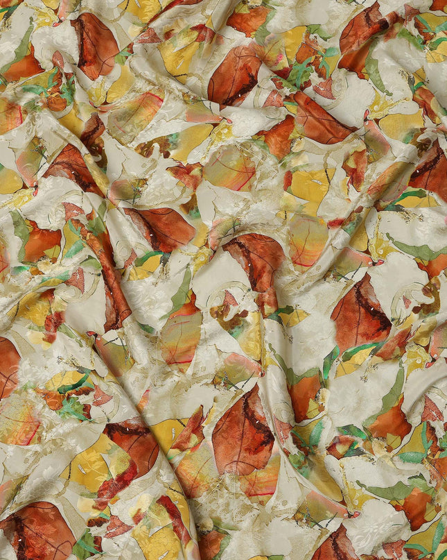 Ivory Abstract Leaf Printed Viscose Modal Satin Fabric, 110 Cms, India-D26888