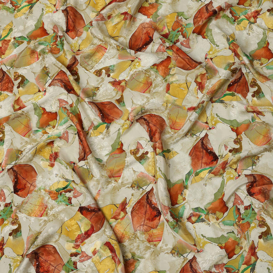 Ivory Abstract Leaf Printed Viscose Modal Satin Fabric, 110 Cms, India-D26888