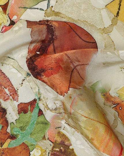 Ivory Abstract Leaf Printed Viscose Modal Satin Fabric, 110 Cms, India-D26888