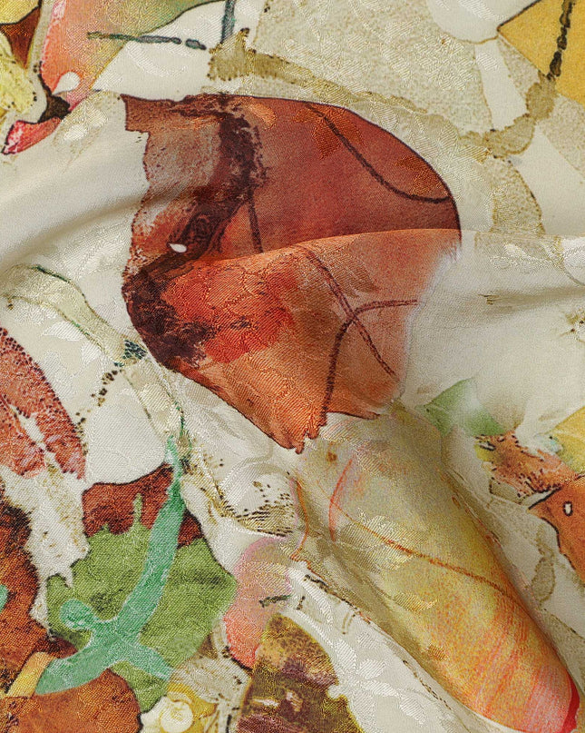 Ivory Abstract Leaf Printed Viscose Modal Satin Fabric, 110 Cms, India-D26888