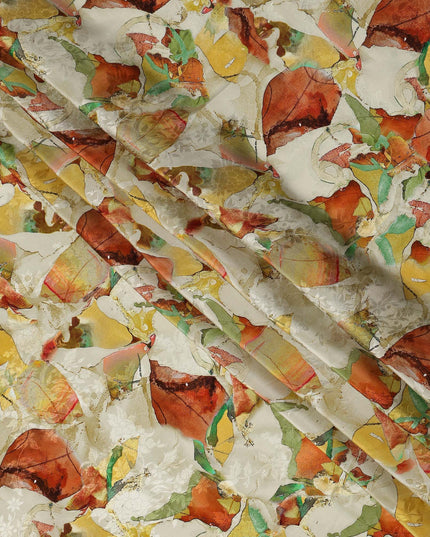 Ivory Abstract Leaf Printed Viscose Modal Satin Fabric, 110 Cms, India-D26888