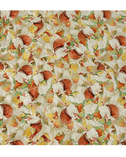 Ivory Abstract Leaf Printed Viscose Modal Satin Fabric, 110 Cms, India-D26888