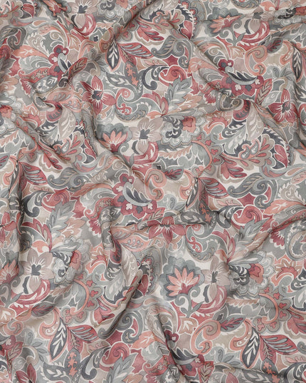 Beige and Rust Paisley Printed Viscose Georgette Fabric with Grey Leaf Motifs and Intricate Floral Detailing, 110 Cms Width, Made in India-D25882