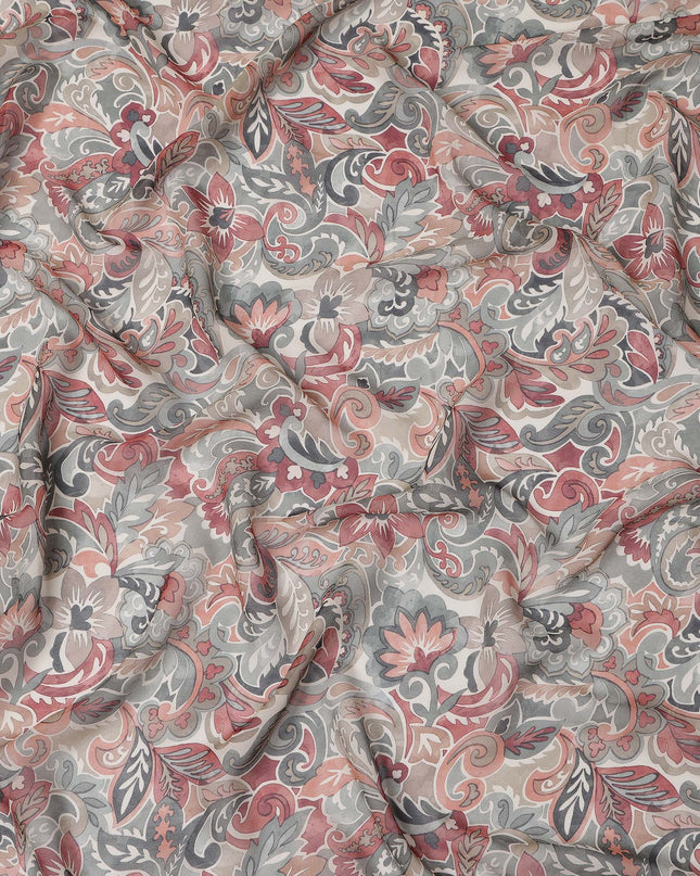 Beige and Rust Paisley Printed Viscose Georgette Fabric with Grey Leaf Motifs and Intricate Floral Detailing, 110 Cms Width, Made in India-D25882