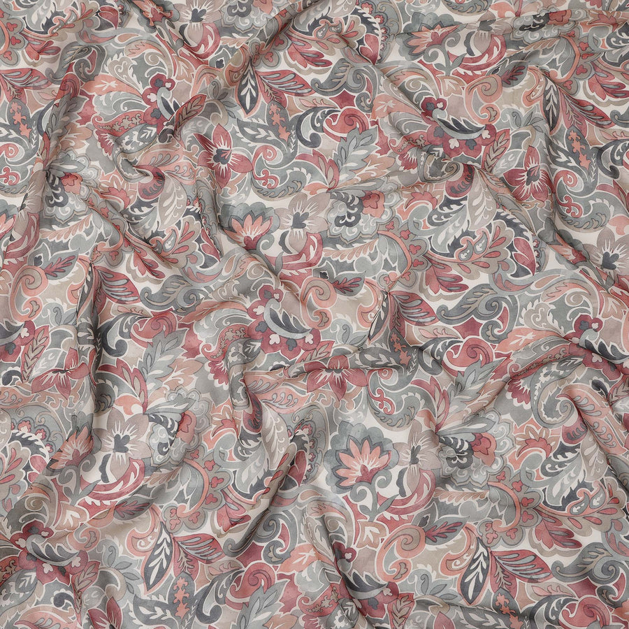 Beige and Rust Paisley Printed Viscose Georgette Fabric with Grey Leaf Motifs and Intricate Floral Detailing, 110 Cms Width, Made in India-D25882