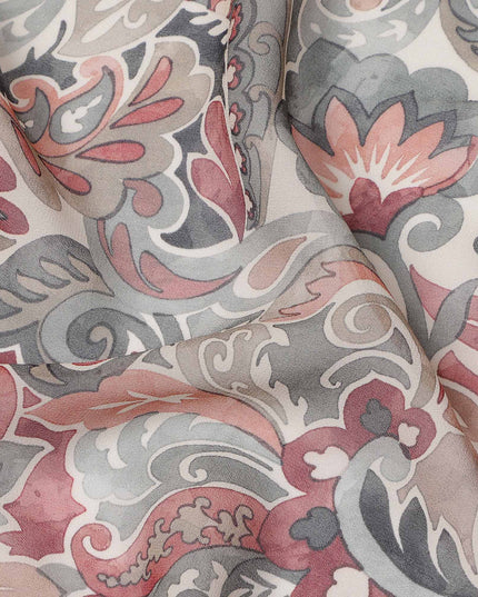 Beige and Rust Paisley Printed Viscose Georgette Fabric with Grey Leaf Motifs and Intricate Floral Detailing, 110 Cms Width, Made in India-D25882