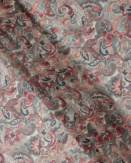 Beige and Rust Paisley Printed Viscose Georgette Fabric with Grey Leaf Motifs and Intricate Floral Detailing, 110 Cms Width, Made in India-D25882
