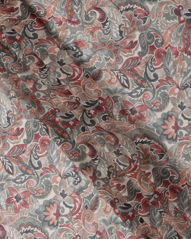 Beige and Rust Paisley Printed Viscose Georgette Fabric with Grey Leaf Motifs and Intricate Floral Detailing, 110 Cms Width, Made in India-D25882