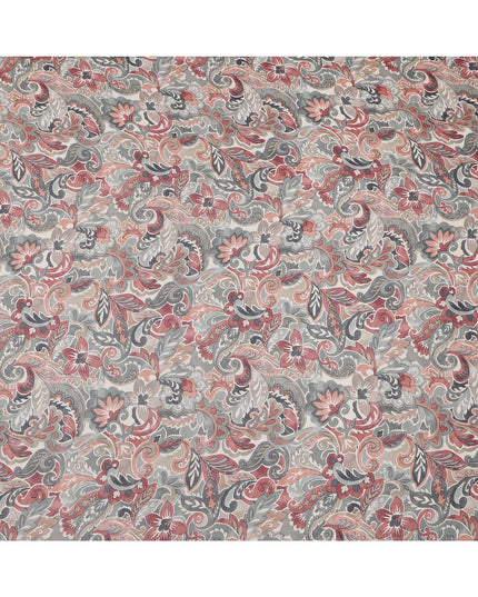 Beige and Rust Paisley Printed Viscose Georgette Fabric with Grey Leaf Motifs and Intricate Floral Detailing, 110 Cms Width, Made in India-D25882