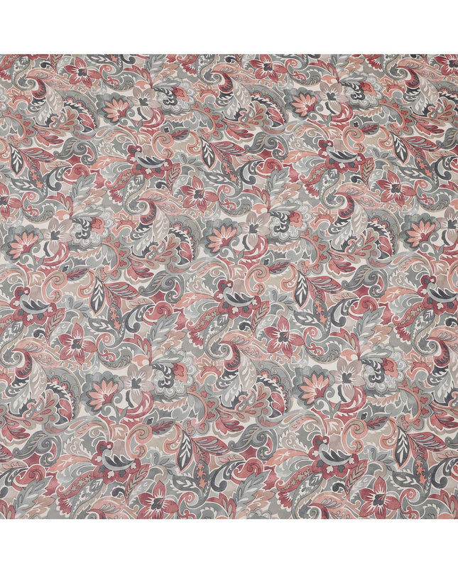 Beige and Rust Paisley Printed Viscose Georgette Fabric with Grey Leaf Motifs and Intricate Floral Detailing, 110 Cms Width, Made in India-D25882