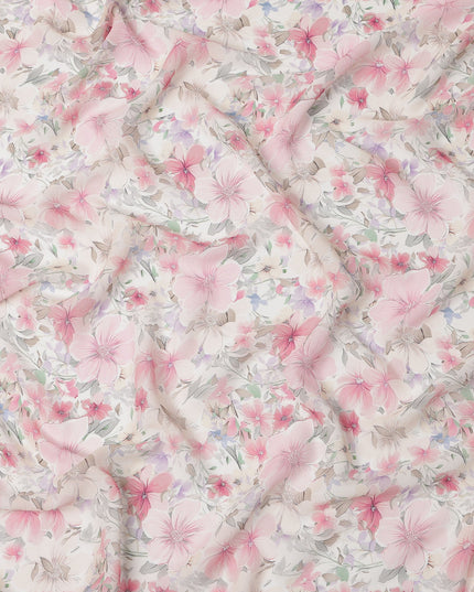 White and Baby Pink Floral Printed Viscose Georgette Fabric with Soft Pastel Bloom Design and Subtle Leaf Motifs, 110 Cms Width, Made in India-D25881