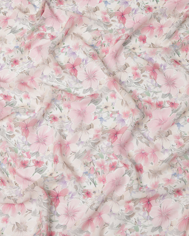 White and Baby Pink Floral Printed Viscose Georgette Fabric with Soft Pastel Bloom Design and Subtle Leaf Motifs, 110 Cms Width, Made in India-D25881