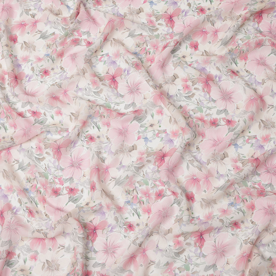 White and Baby Pink Floral Printed Viscose Georgette Fabric with Soft Pastel Bloom Design and Subtle Leaf Motifs, 110 Cms Width, Made in India-D25881