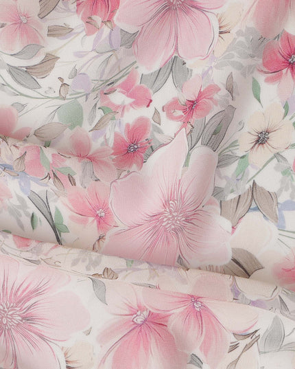 White and Baby Pink Floral Printed Viscose Georgette Fabric with Soft Pastel Bloom Design and Subtle Leaf Motifs, 110 Cms Width, Made in India-D25881
