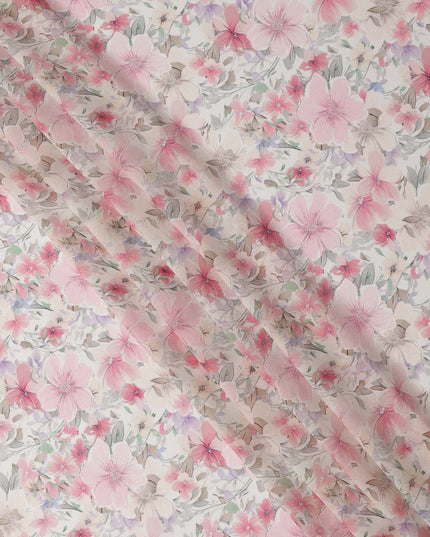 White and Baby Pink Floral Printed Viscose Georgette Fabric with Soft Pastel Bloom Design and Subtle Leaf Motifs, 110 Cms Width, Made in India-D25881