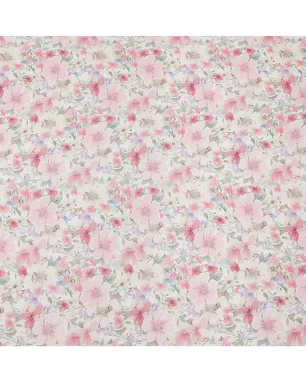 White and Baby Pink Floral Printed Viscose Georgette Fabric with Soft Pastel Bloom Design and Subtle Leaf Motifs, 110 Cms Width, Made in India-D25881