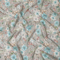 Grey and Aqua Floral Printed Viscose Georgette Fabric with White Petals and Beige Leaf Motifs, 110 Cms Width, Made in India-D25872