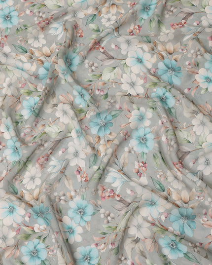 Grey and Aqua Floral Printed Viscose Georgette Fabric with White Petals and Beige Leaf Motifs, 110 Cms Width, Made in India-D25872