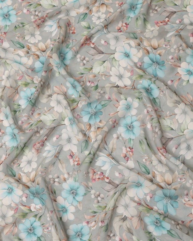 Grey and Aqua Floral Printed Viscose Georgette Fabric with White Petals and Beige Leaf Motifs, 110 Cms Width, Made in India-D25872