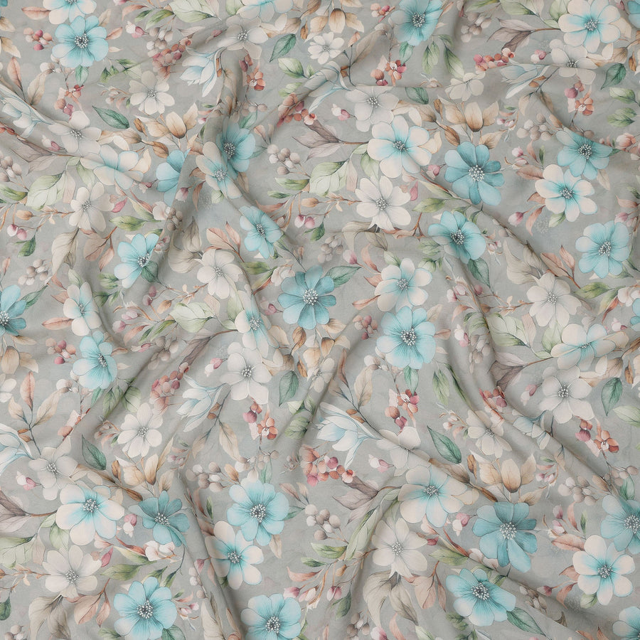 Grey and Aqua Floral Printed Viscose Georgette Fabric with White Petals and Beige Leaf Motifs, 110 Cms Width, Made in India-D25872