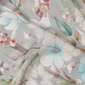 Grey and Aqua Floral Printed Viscose Georgette Fabric with White Petals and Beige Leaf Motifs, 110 Cms Width, Made in India-D25872