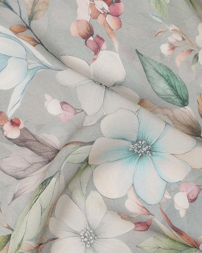 Grey and Aqua Floral Printed Viscose Georgette Fabric with White Petals and Beige Leaf Motifs, 110 Cms Width, Made in India-D25872