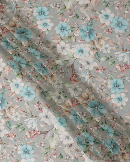 Grey and Aqua Floral Printed Viscose Georgette Fabric with White Petals and Beige Leaf Motifs, 110 Cms Width, Made in India-D25872