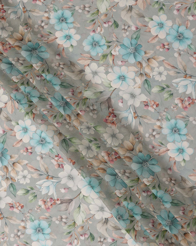 Grey and Aqua Floral Printed Viscose Georgette Fabric with White Petals and Beige Leaf Motifs, 110 Cms Width, Made in India-D25872