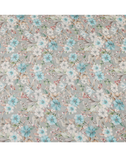 Grey and Aqua Floral Printed Viscose Georgette Fabric with White Petals and Beige Leaf Motifs, 110 Cms Width, Made in India-D25872
