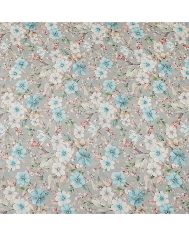 Grey and Aqua Floral Printed Viscose Georgette Fabric with White Petals and Beige Leaf Motifs, 110 Cms Width, Made in India-D25872