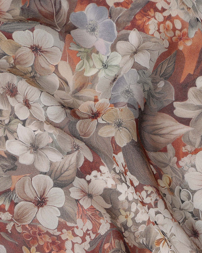 Rust Brown and Beige Floral Printed Viscose Georgette Fabric with Soft Vintage Bloom Motifs, 110 Cms Width, Made in India-D25873 Regal Fabrics