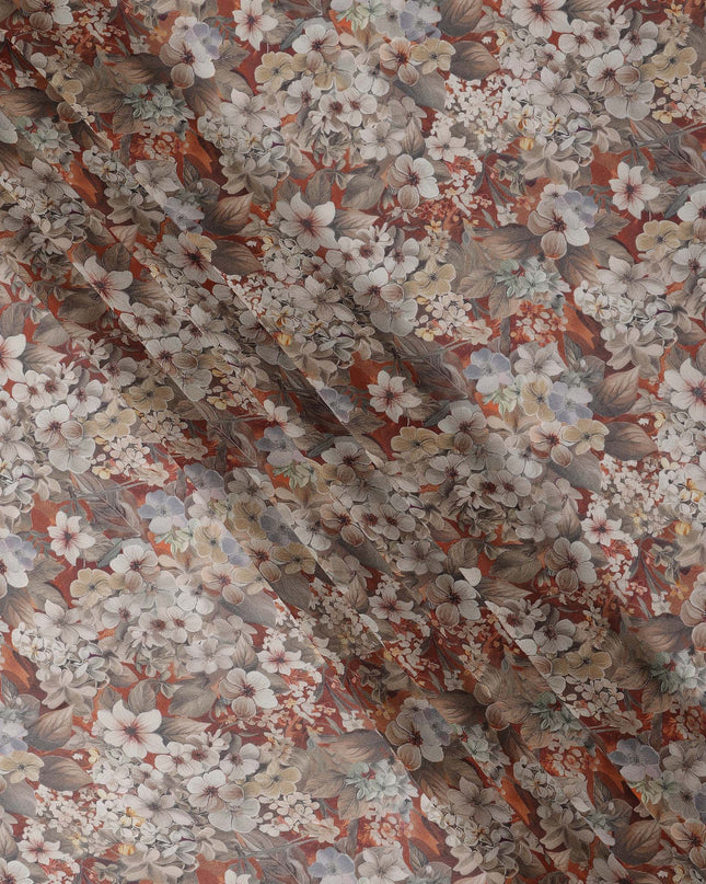 Rust Brown and Beige Floral Printed Viscose Georgette Fabric with Soft Vintage Bloom Motifs, 110 Cms Width, Made in India-D25873 Regal Fabrics