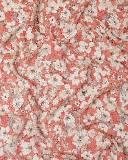 Coral Peach and Ivory Floral Printed Viscose Georgette Fabric with Pastel Leaf Detailing and Elegant Bloom Motifs, 110 Cms Width, Made in India-D25874