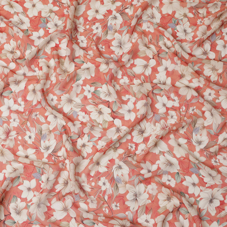 Coral Peach and Ivory Floral Printed Viscose Georgette Fabric with Pastel Leaf Detailing and Elegant Bloom Motifs, 110 Cms Width, Made in India-D25874