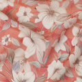 Coral Peach and Ivory Floral Printed Viscose Georgette Fabric with Pastel Leaf Detailing and Elegant Bloom Motifs, 110 Cms Width, Made in India-D25874