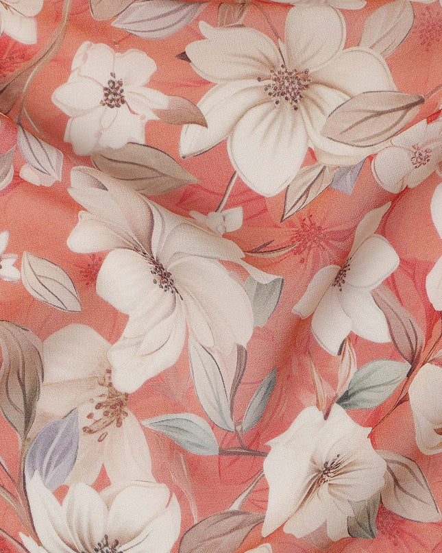 Coral Peach and Ivory Floral Printed Viscose Georgette Fabric with Pastel Leaf Detailing and Elegant Bloom Motifs, 110 Cms Width, Made in India-D25874
