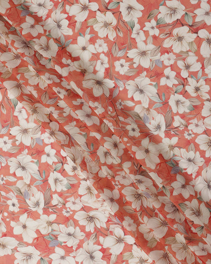 Coral Peach and Ivory Floral Printed Viscose Georgette Fabric with Pastel Leaf Detailing and Elegant Bloom Motifs, 110 Cms Width, Made in India-D25874