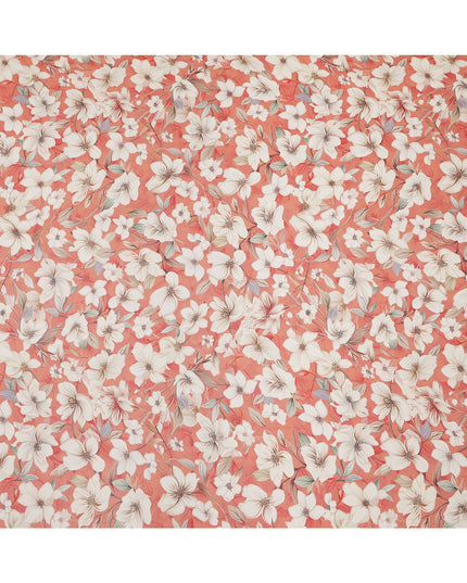 Coral Peach and Ivory Floral Printed Viscose Georgette Fabric with Pastel Leaf Detailing and Elegant Bloom Motifs, 110 Cms Width, Made in India-D25874