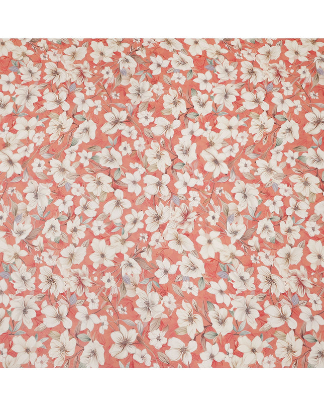 Coral Peach and Ivory Floral Printed Viscose Georgette Fabric with Pastel Leaf Detailing and Elegant Bloom Motifs, 110 Cms Width, Made in India-D25874