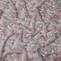 Grey and Maroon Paisley Printed Viscose Georgette Fabric with Blue Leaf Accents and Ornate Floral Design, 110 Cms Width, Made in India-D25884