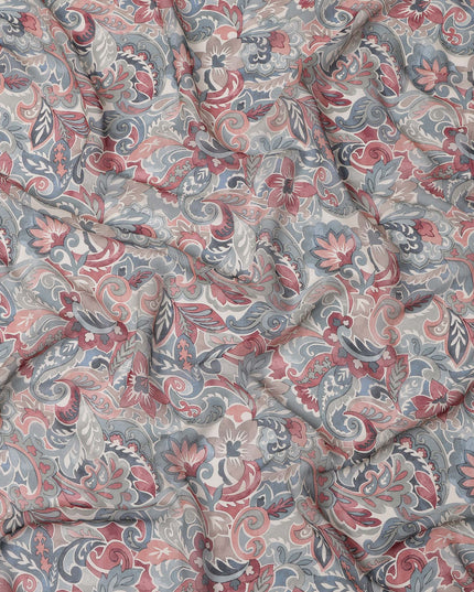 Grey and Maroon Paisley Printed Viscose Georgette Fabric with Blue Leaf Accents and Ornate Floral Design, 110 Cms Width, Made in India-D25884