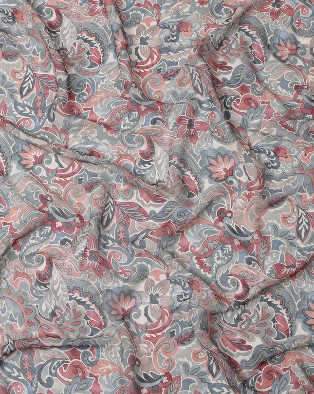 Grey and Maroon Paisley Printed Viscose Georgette Fabric with Blue Leaf Accents and Ornate Floral Design, 110 Cms Width, Made in India-D25884