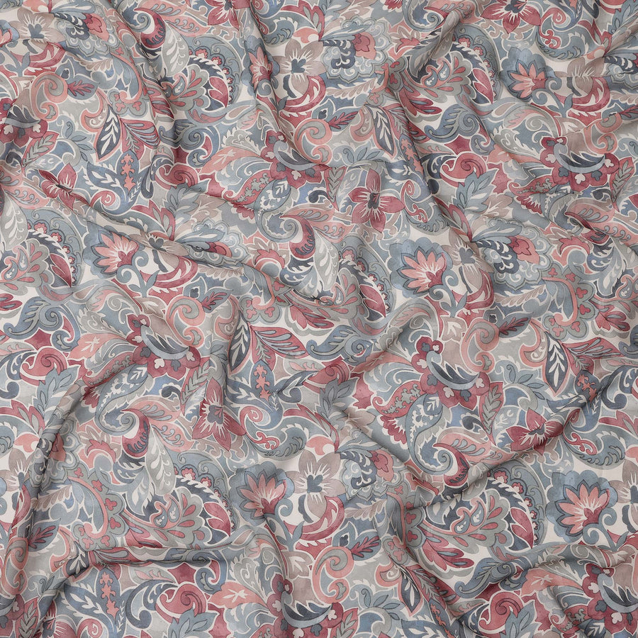 Grey and Maroon Paisley Printed Viscose Georgette Fabric with Blue Leaf Accents and Ornate Floral Design, 110 Cms Width, Made in India-D25884